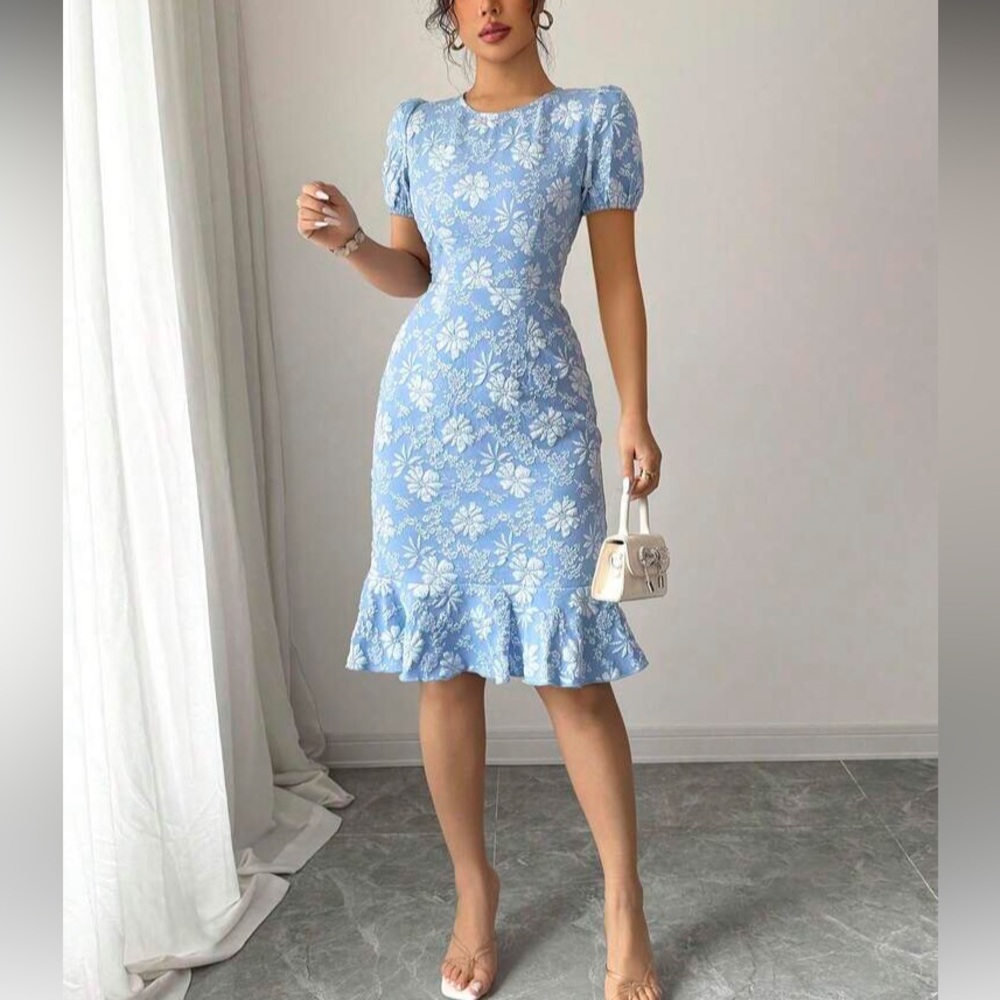 Blue Floral Ruffle-Hem Sheath Dress - Picture 2 of 5
